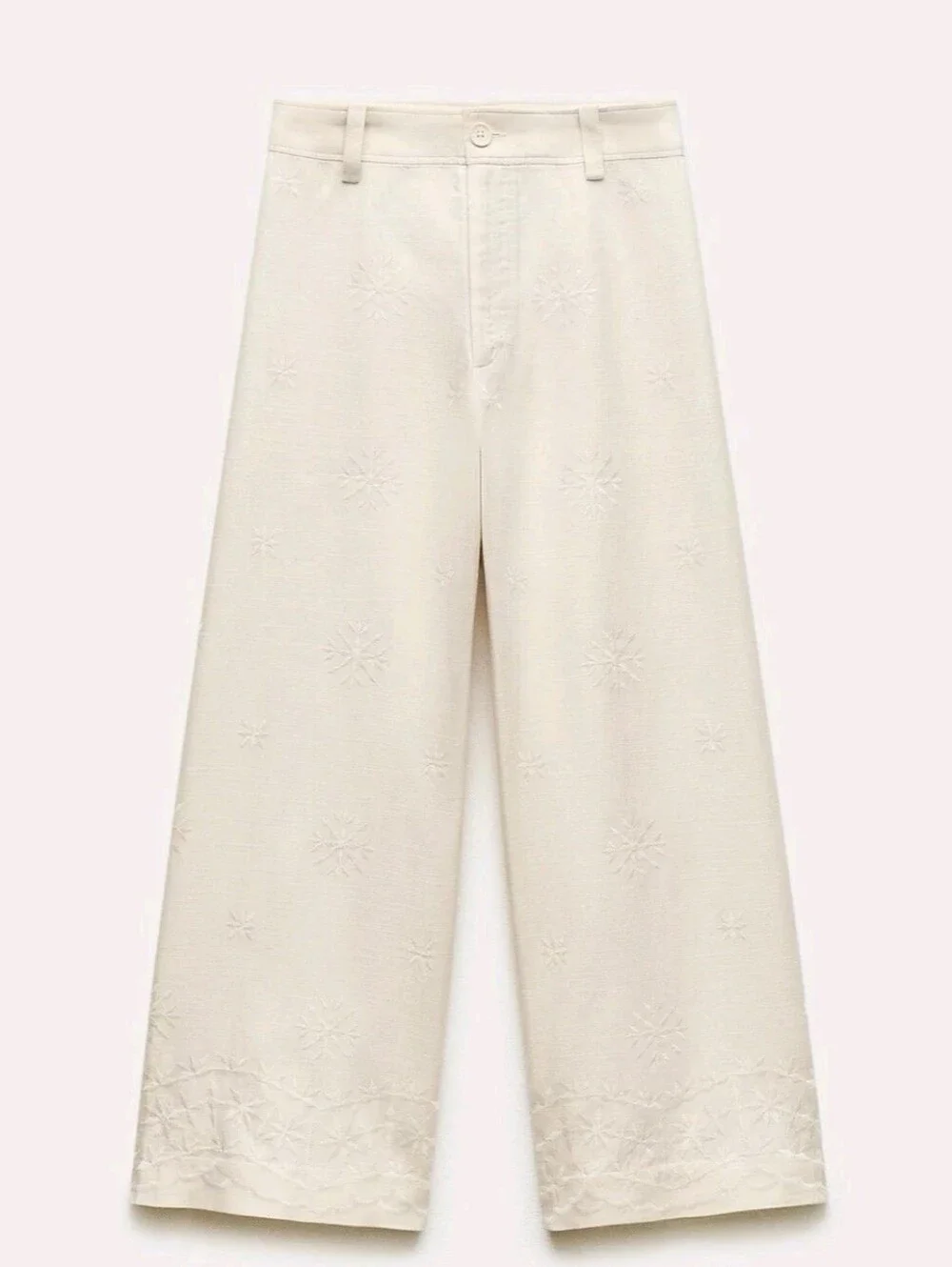 ZARA Embroidered Linen Blend Crop Pants Cream Medium
